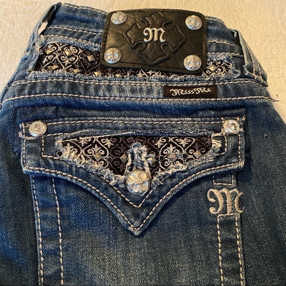Miss Me Bootcut Black and Silver Embellished Flap Pocket Jeans - 27
